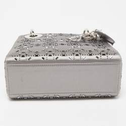 Pre Owned Dior Grey Rhinestone Cannage Satin Mini Lady Dior Tote