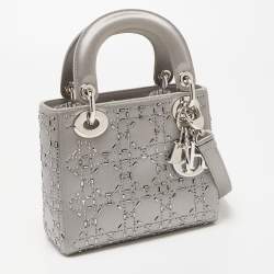 Pre Owned Dior Grey Rhinestone Cannage Satin Mini Lady Dior Tote