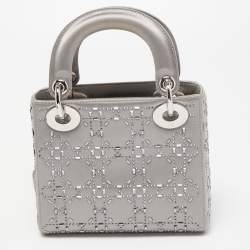 Pre Owned Dior Grey Rhinestone Cannage Satin Mini Lady Dior Tote