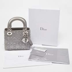 Pre Owned Dior Grey Rhinestone Cannage Satin Mini Lady Dior Tote