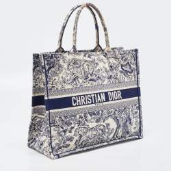 Pre Owned Dior Navy Blue/White Toile De Jouy Embroidery Canvas Large Book Tote