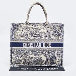 Pre Owned Dior Navy Blue/White Toile De Jouy Embroidery Canvas Large Book Tote