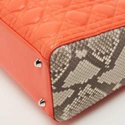 Pre Owned Dior Orange/Grey Cannage Leather and Python Large Lady Dior Tote