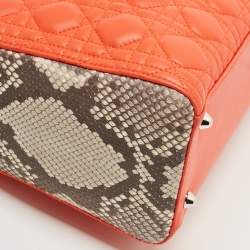 Pre Owned Dior Orange/Grey Cannage Leather and Python Large Lady Dior Tote