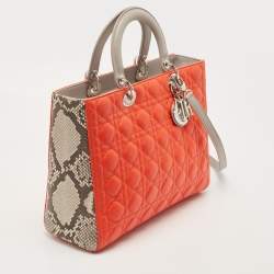 Pre Owned Dior Orange/Grey Cannage Leather and Python Large Lady Dior Tote
