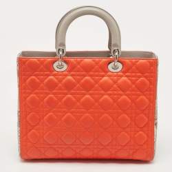 Pre Owned Dior Orange/Grey Cannage Leather and Python Large Lady Dior Tote