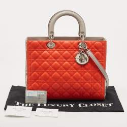 Pre Owned Dior Orange/Grey Cannage Leather and Python Large Lady Dior Tote