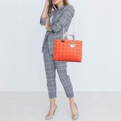 Pre Owned Dior Orange/Grey Cannage Leather and Python Large Lady Dior Tote