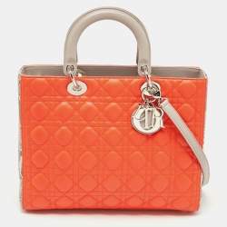Pre Owned Dior Orange/Grey Cannage Leather and Python Large Lady Dior Tote