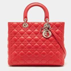Pre Owned Dior Red Cannage Leather Large Lady Dior Tote