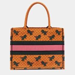 Pre Owned Dior Orange/Green Embroidered Canvas Medium Dino Book Tote