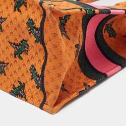 Pre Owned Dior Orange/Green Embroidered Canvas Medium Dino Book Tote