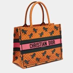 Pre Owned Dior Orange/Green Embroidered Canvas Medium Dino Book Tote