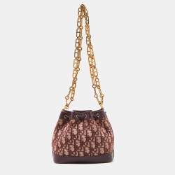 Pre Owned Dior Burgundy Oblique Canvas and Leather Drawstring Chain Bucket Bag