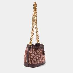 Pre Owned Dior Burgundy Oblique Canvas and Leather Drawstring Chain Bucket Bag