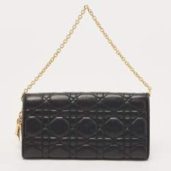 Pre Owned Dior Black Quilted Cannage Leather Lady Dior Wallet on Chain