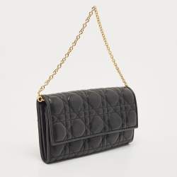 Pre Owned Dior Black Quilted Cannage Leather Lady Dior Wallet on Chain