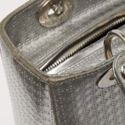 Pre Owned Dior Silver Microcannage Patent Leather Medium Lady Dior Tote