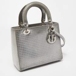 Pre Owned Dior Silver Microcannage Patent Leather Medium Lady Dior Tote