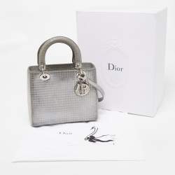 Pre Owned Dior Silver Microcannage Patent Leather Medium Lady Dior Tote