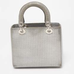 Pre Owned Dior Silver Microcannage Patent Leather Medium Lady Dior Tote