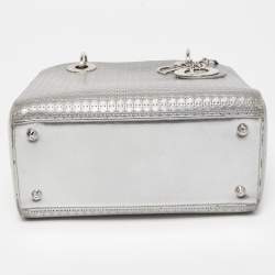 Pre Owned Dior Silver Microcannage Patent Leather Medium Lady Dior Tote