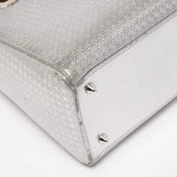 Pre Owned Dior Silver Microcannage Patent Leather Medium Lady Dior Tote