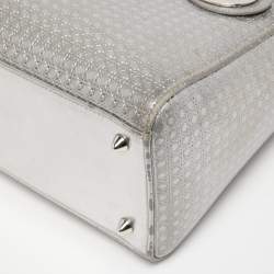 Pre Owned Dior Silver Microcannage Patent Leather Medium Lady Dior Tote