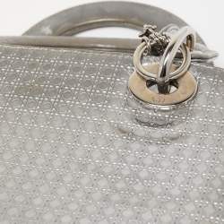 Pre Owned Dior Silver Microcannage Patent Leather Medium Lady Dior Tote