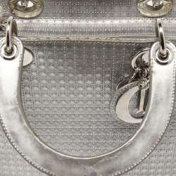 Pre Owned Dior Silver Microcannage Patent Leather Medium Lady Dior Tote