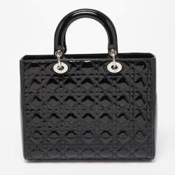 Pre Owned Dior Black Cannage Patent Leather Large Lady Dior Tote
