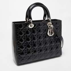 Pre Owned Dior Black Cannage Patent Leather Large Lady Dior Tote
