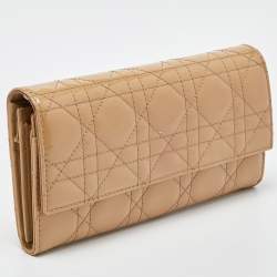 Pre Owned Dior Beige Cannage Patent Leather Lady Dior Wallet on Chain