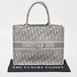 Dior Grey/White Oblique Embroidered Canvas Medium Book Tote