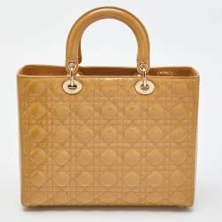 Pre Owned Dior Beige Cannage Patent Leather Large Lady Dior Tote