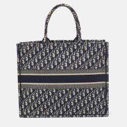 Pre Owned Dior Navy Blue Oblique Embroidered Canvas Large Book Tote