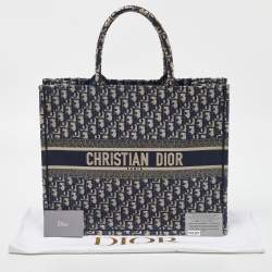 Pre Owned Dior Navy Blue Oblique Embroidered Canvas Large Book Tote