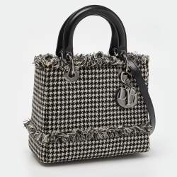 Pre Owned Dior Black/White Houndstooth Patterned Tweed Medium Lady Dior Tote