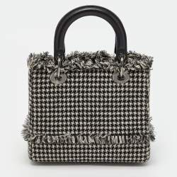 Pre Owned Dior Black/White Houndstooth Patterned Tweed Medium Lady Dior Tote