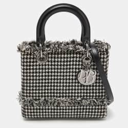 Pre Owned Dior Black/White Houndstooth Patterned Tweed Medium Lady Dior Tote