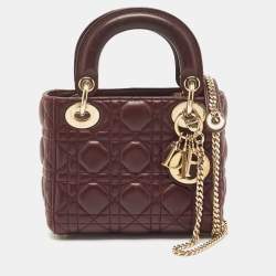 Pre Owned Dior Burgundy Cannage Leather Mini Lady Dior Tote