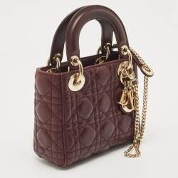 Pre Owned Dior Burgundy Cannage Leather Mini Lady Dior Tote