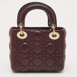 Pre Owned Dior Burgundy Cannage Leather Mini Lady Dior Tote
