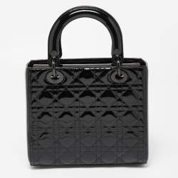 Pre Owned Dior Black Cannage Patent Leather Medium Lady Dior Tote