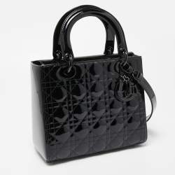Pre Owned Dior Black Cannage Patent Leather Medium Lady Dior Tote