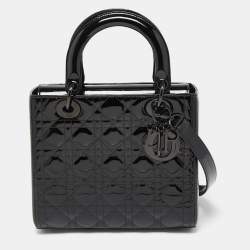 Pre Owned Dior Black Cannage Patent Leather Medium Lady Dior Tote