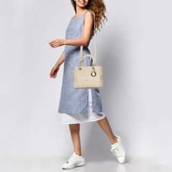 Dior Beige Cannage Embroidered Canvas Medium Lady D-Lite Tote