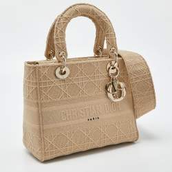 Dior Beige Cannage Embroidered Canvas Medium Lady D-Lite Tote