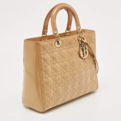 Pre Owned Dior Beige Cannage Patent Leather Large Lady Dior Tote