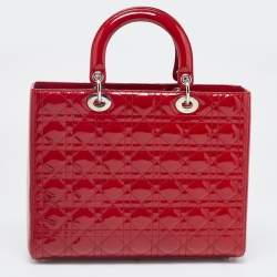 Pre Owned Dior Red Cannage Patent Leather Large Lady Dior Tote